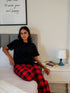Women summer pajama set Black Tee + Red X Black Checkered Pants